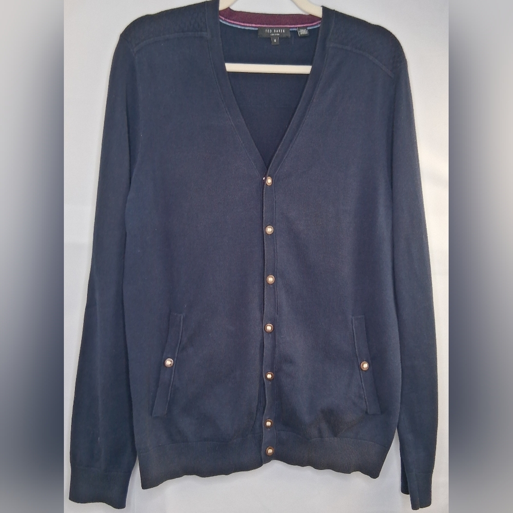 Ted Baker Men's Cotton Blend Navy Cardigan Gold Buttons Elbow Patches Sz 4 L